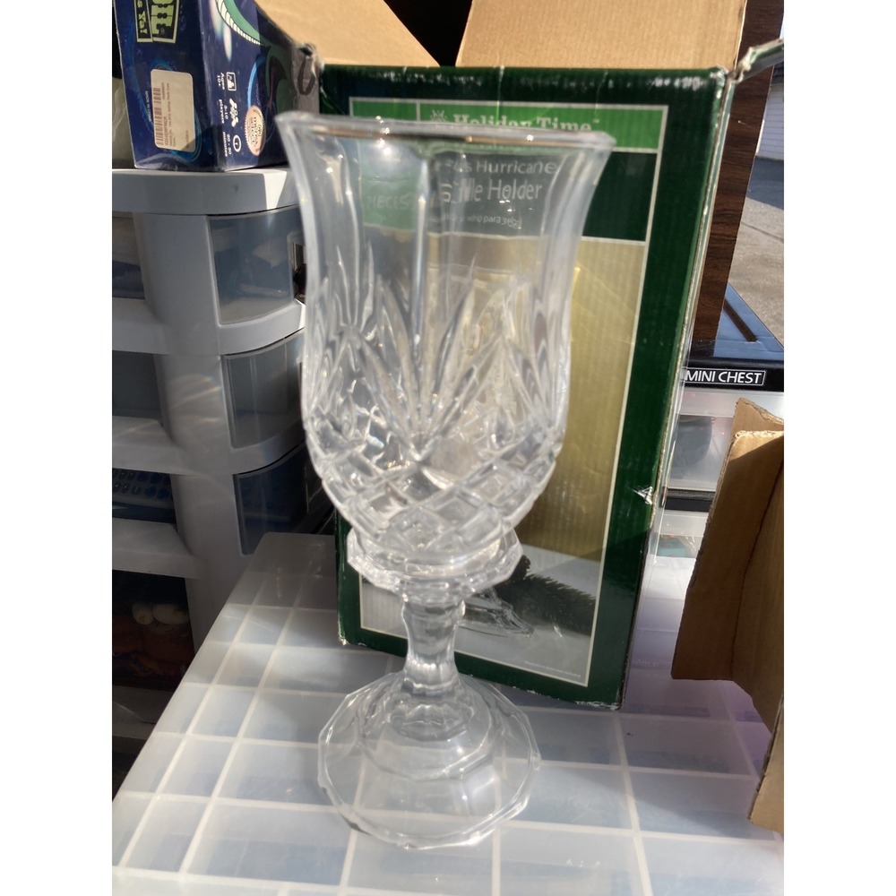 Vintage 2 Piece Cut Glass Hurricane Candle Votive Holder 2 Pcs 11.5" Tall w Box